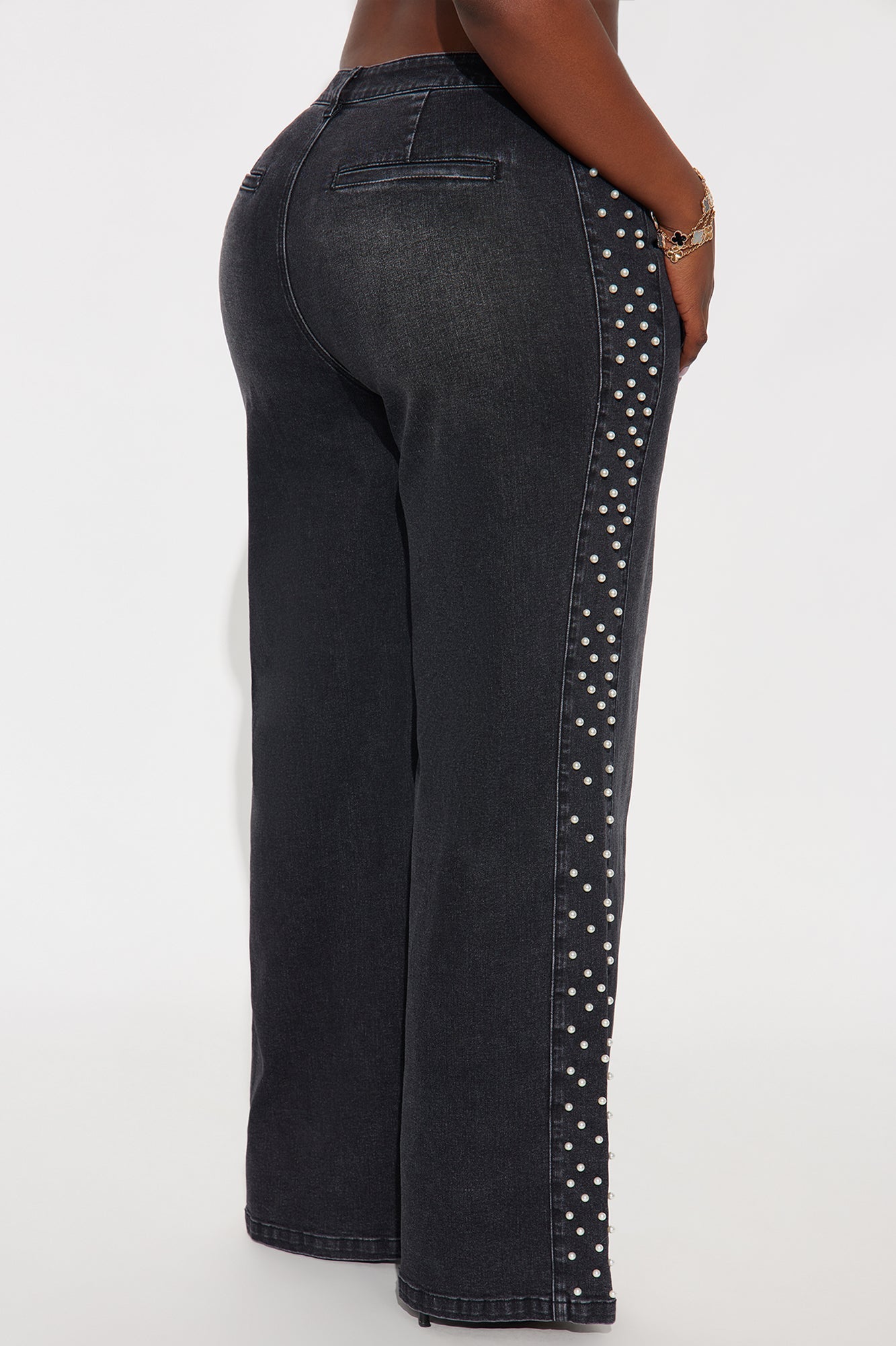 Pearls Of Wisdom Embellished Wide Leg Jeans - Black Wash