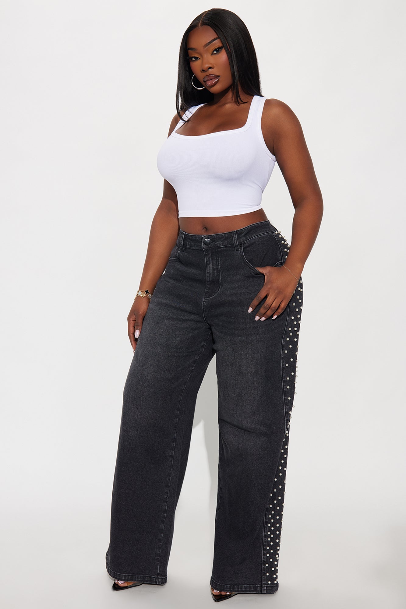 Pearls Of Wisdom Embellished Wide Leg Jeans - Black Wash