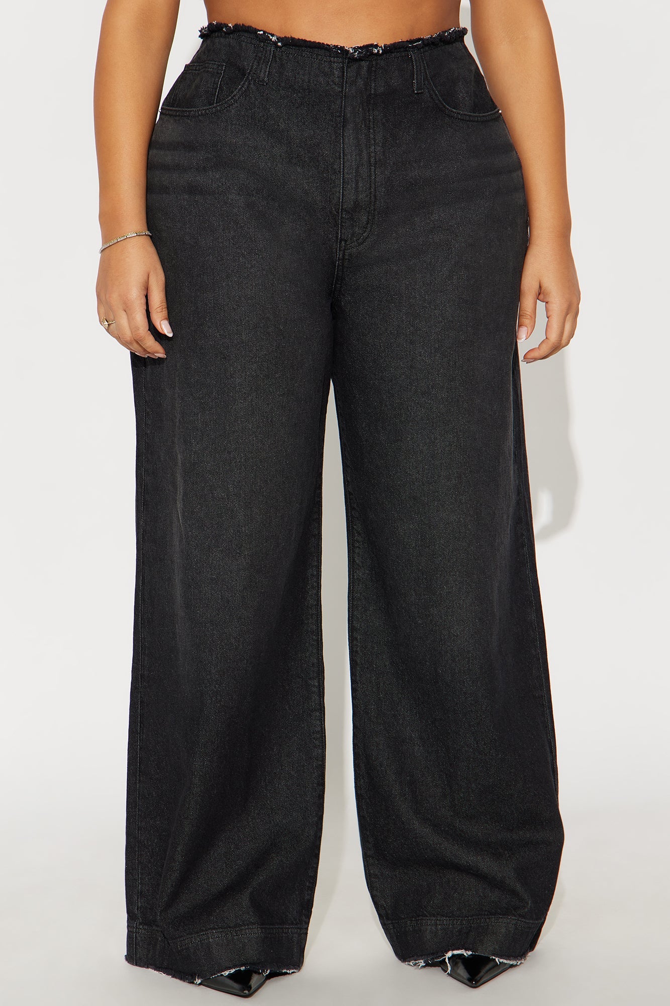 In Your Dreams Cut Off Waistband Baggy Jean - Black Wash