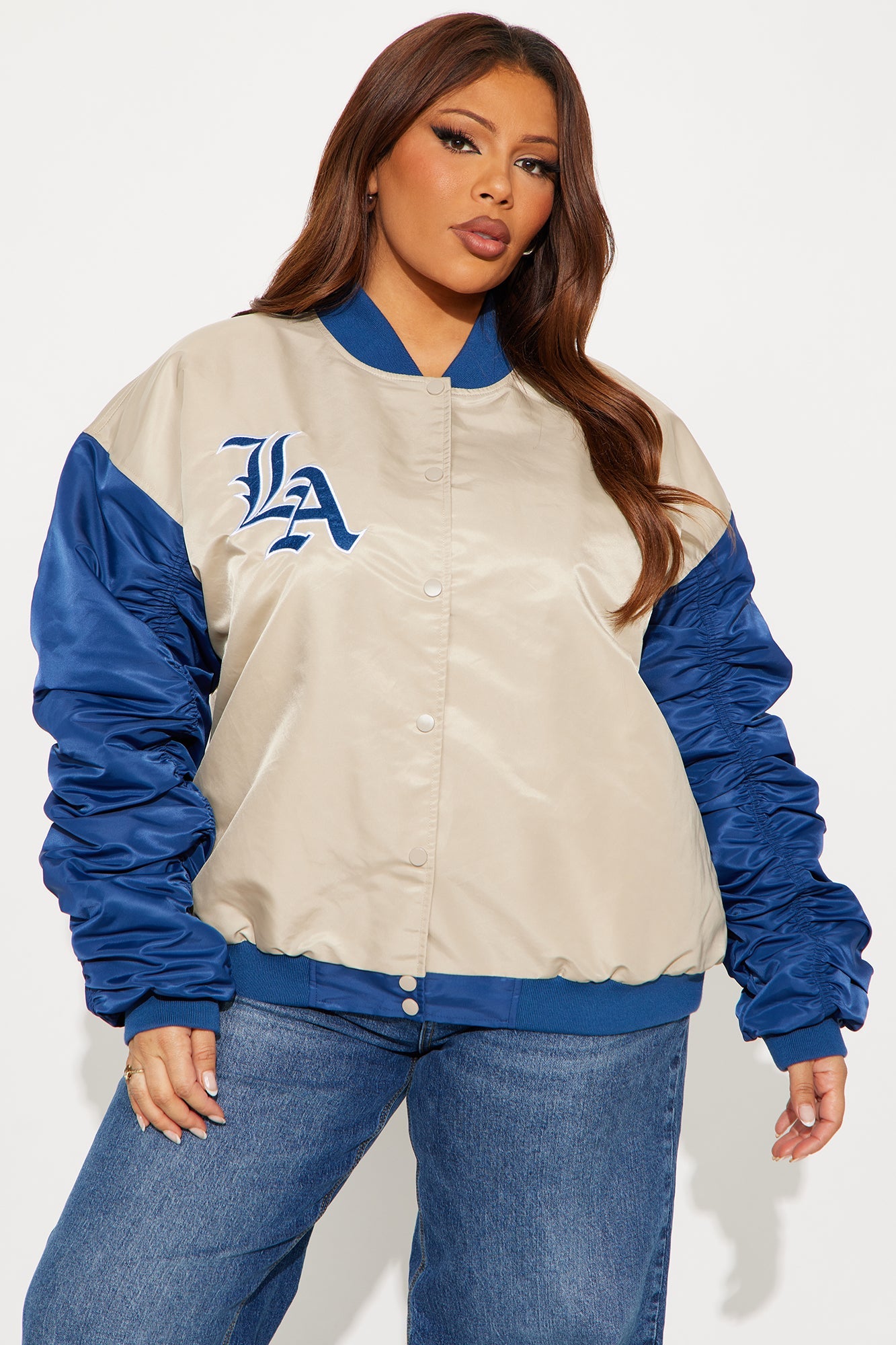 LA Hustle Oversized Ruched Bomber Jacket - Navy/combo