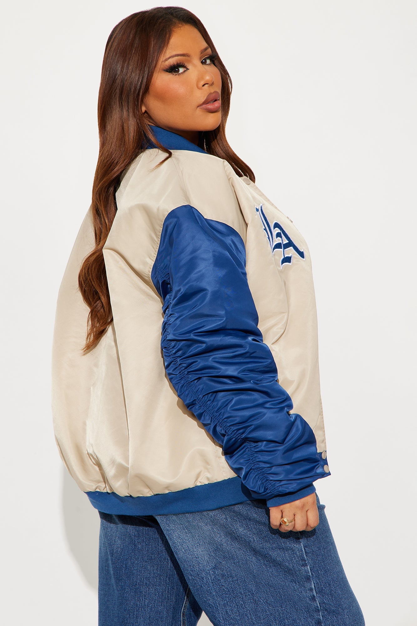 LA Hustle Oversized Ruched Bomber Jacket - Navy/combo