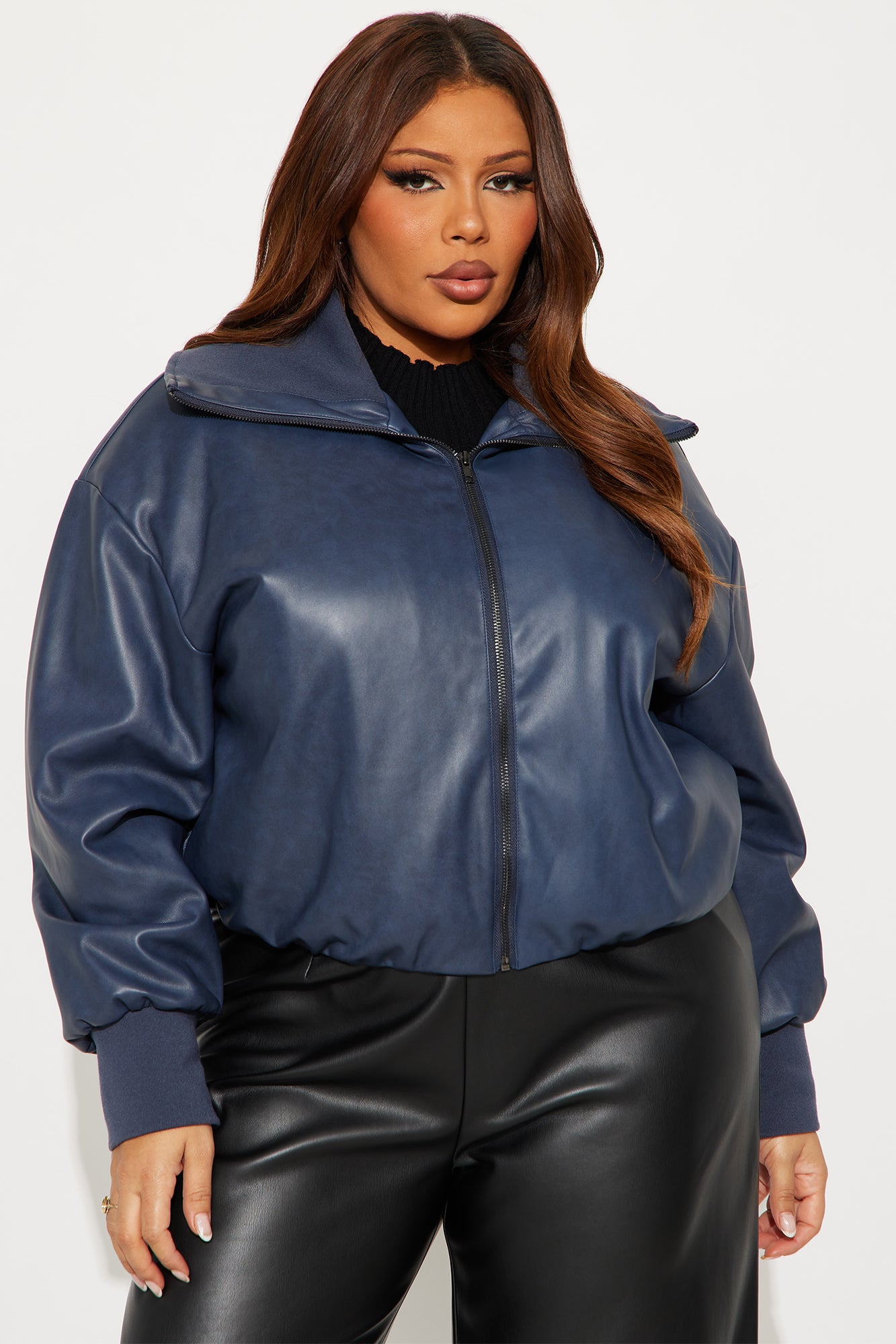 True Desire Washed Faux Leather Bomber Jacket - Navy