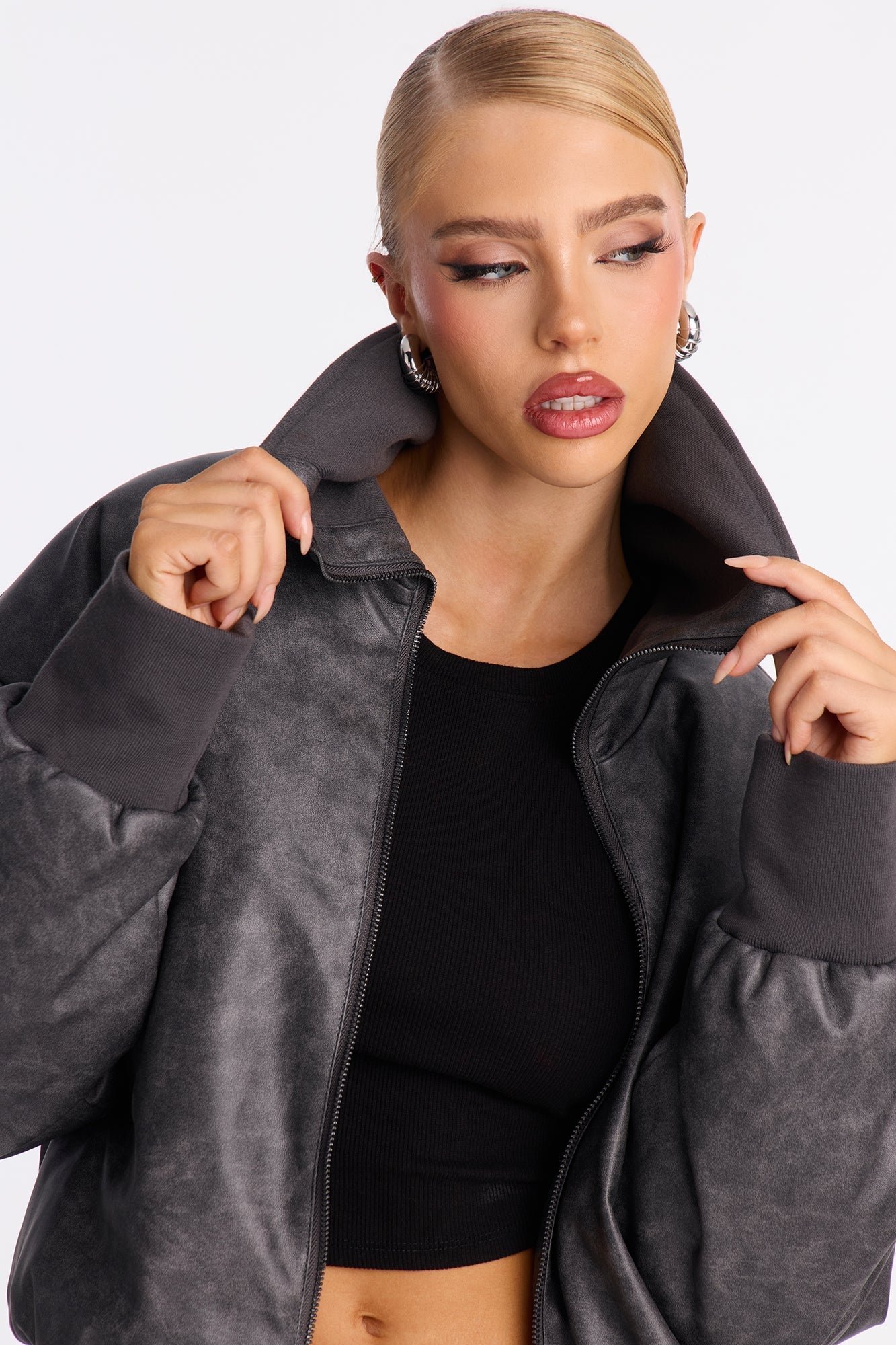 True Desire Washed Faux Leather Bomber Jacket - Charcoal