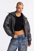 True Desire Washed Faux Leather Bomber Jacket - Charcoal