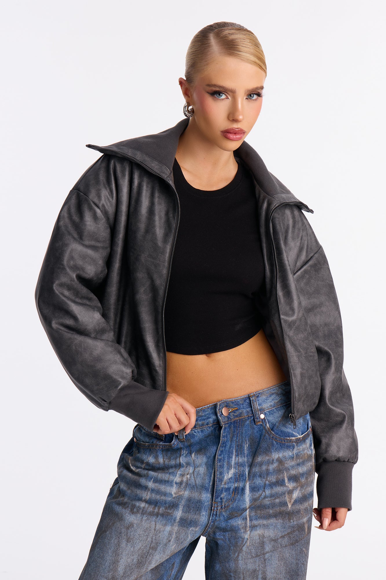 True Desire Washed Faux Leather Bomber Jacket - Charcoal