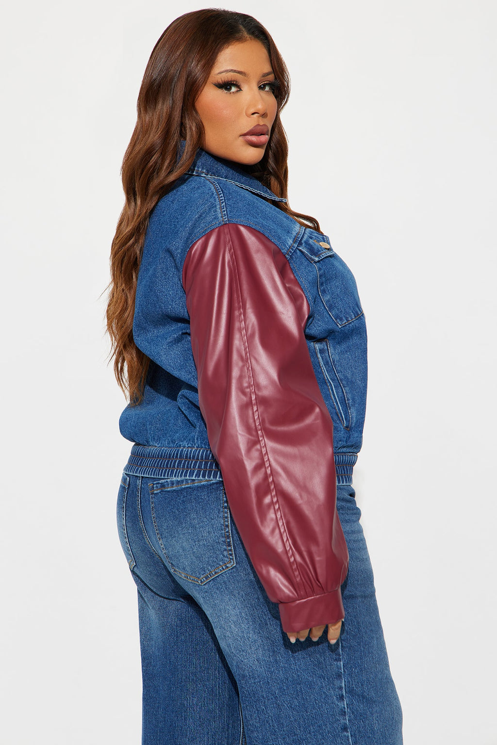 Hotwired Faux Leather Bomber Jacket - Medium Wash