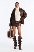 Valentina Faux Leather Oversized Bomber Jacket - Chocolate