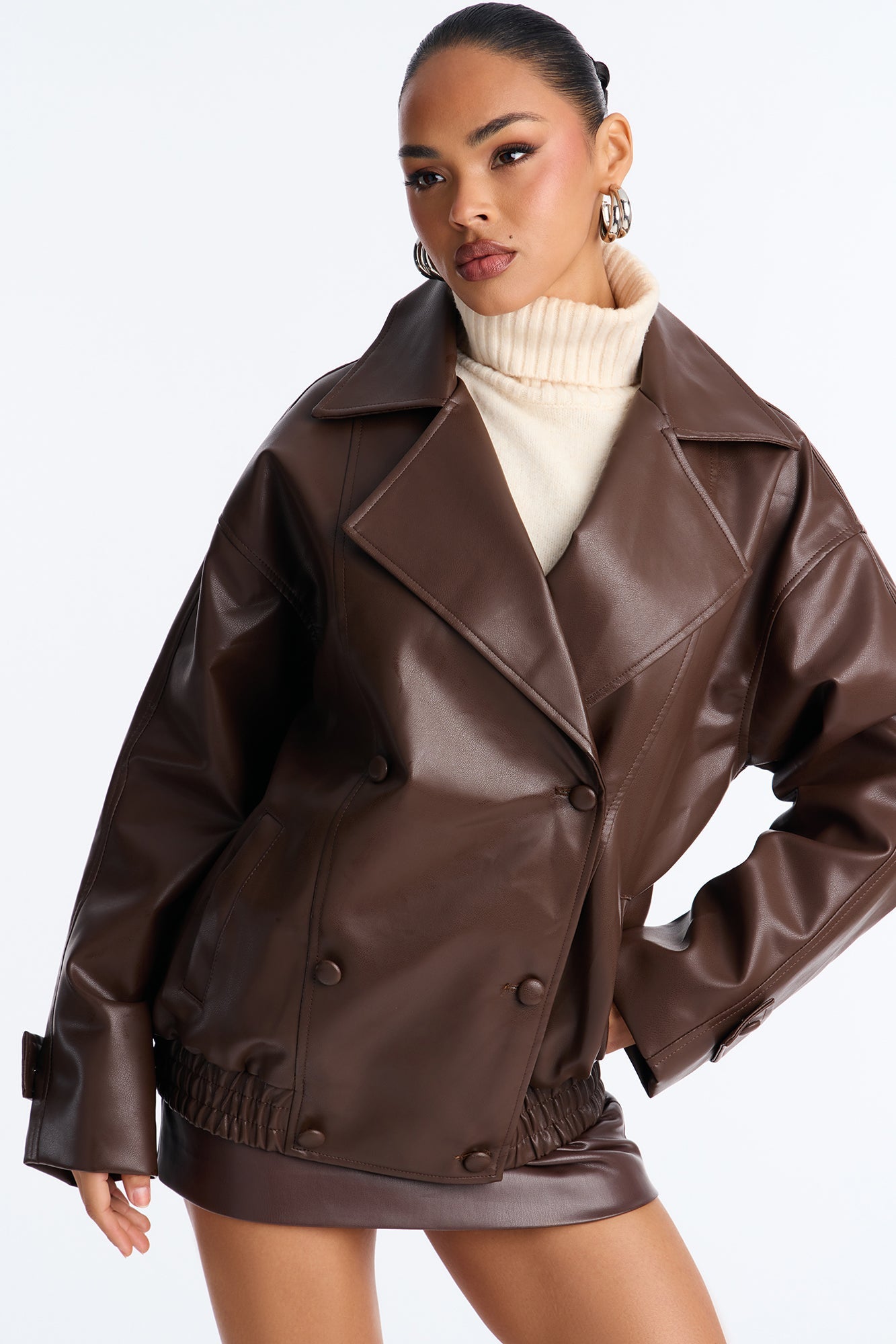 Valentina Faux Leather Oversized Bomber Jacket - Chocolate
