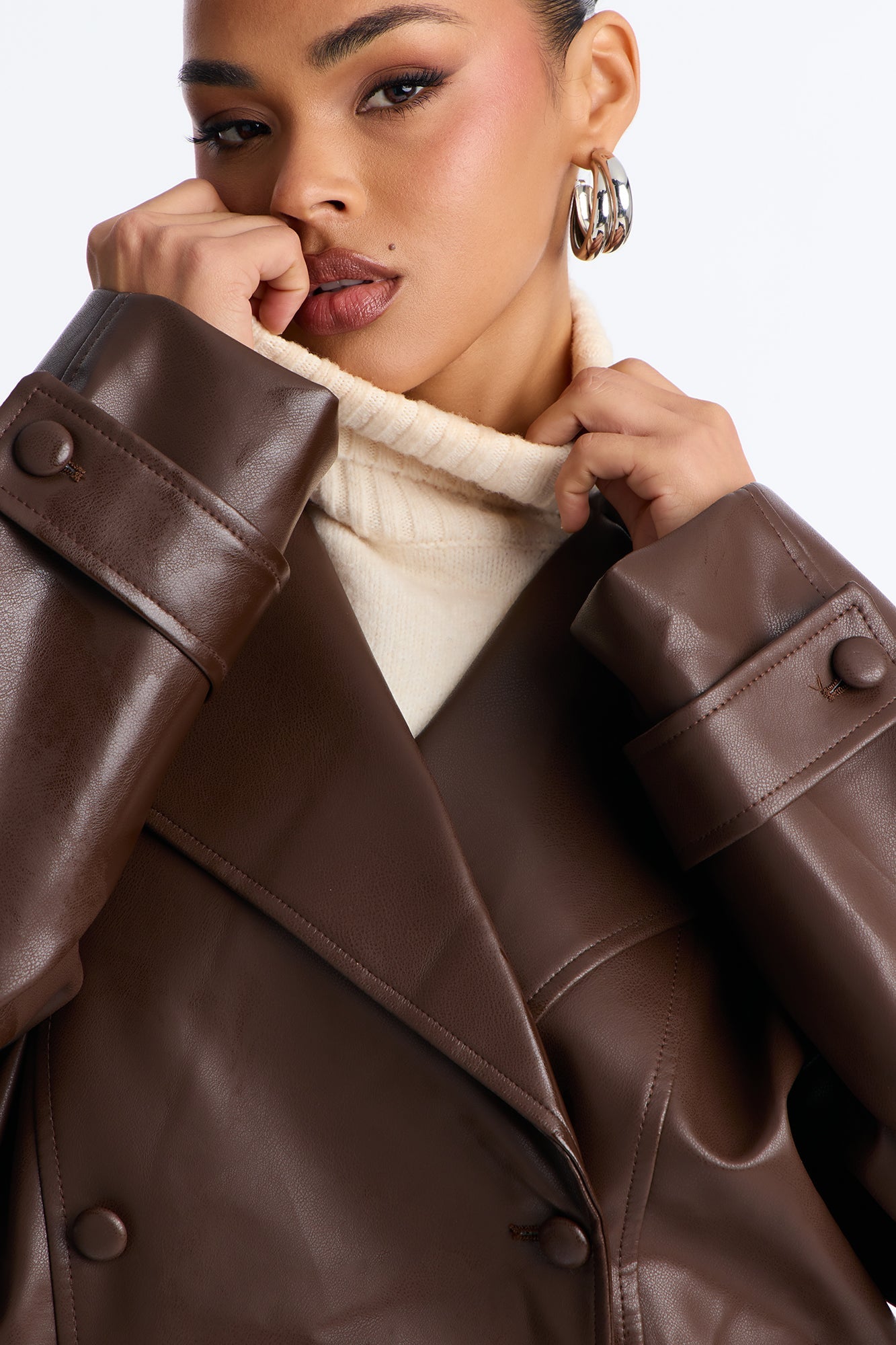 Valentina Faux Leather Oversized Bomber Jacket - Chocolate