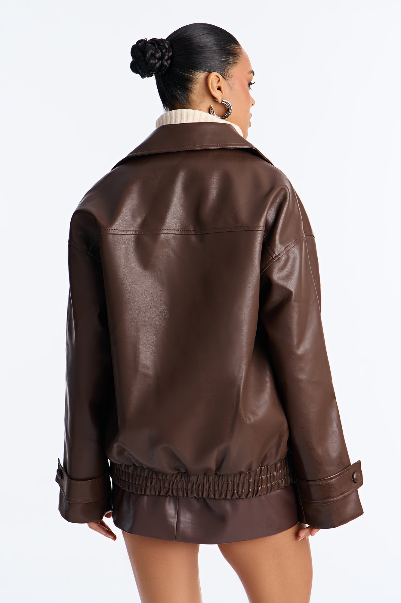 Valentina Faux Leather Oversized Bomber Jacket - Chocolate