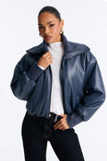 True Desire Washed Faux Leather Bomber Jacket - Navy