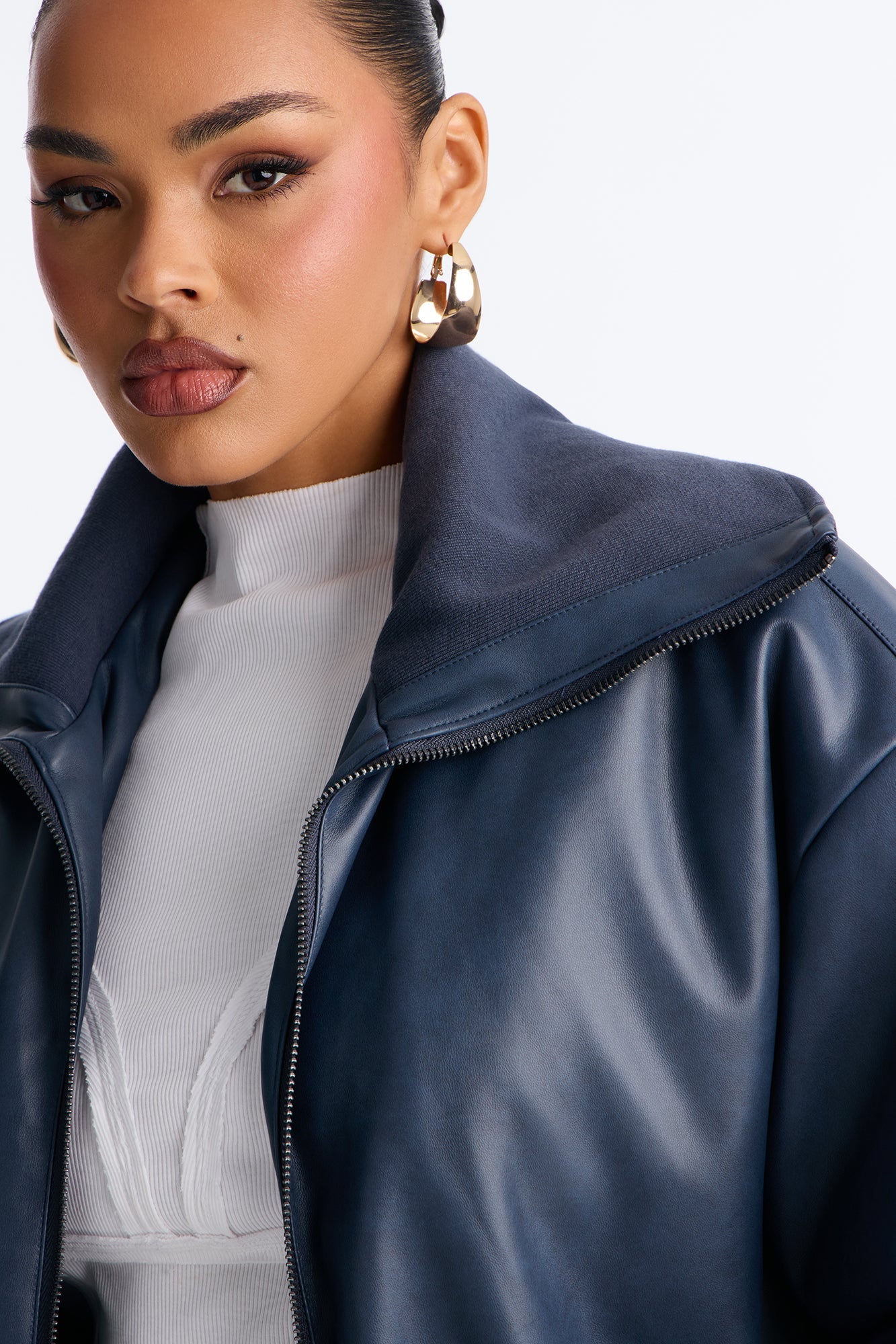 True Desire Washed Faux Leather Bomber Jacket - Navy