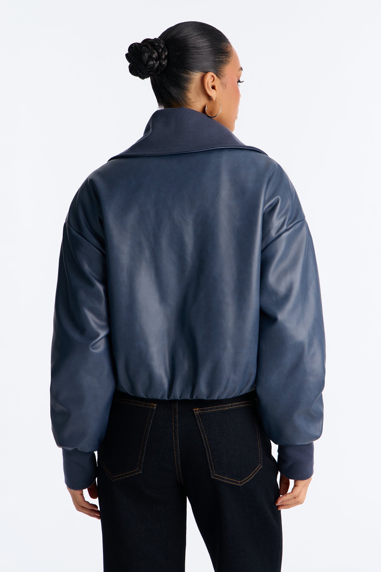 True Desire Washed Faux Leather Bomber Jacket - Navy