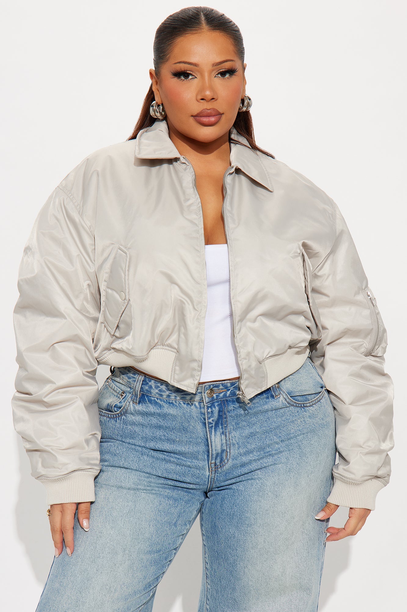 Cause A Scene Cropped Bomber Jacket - Light Grey