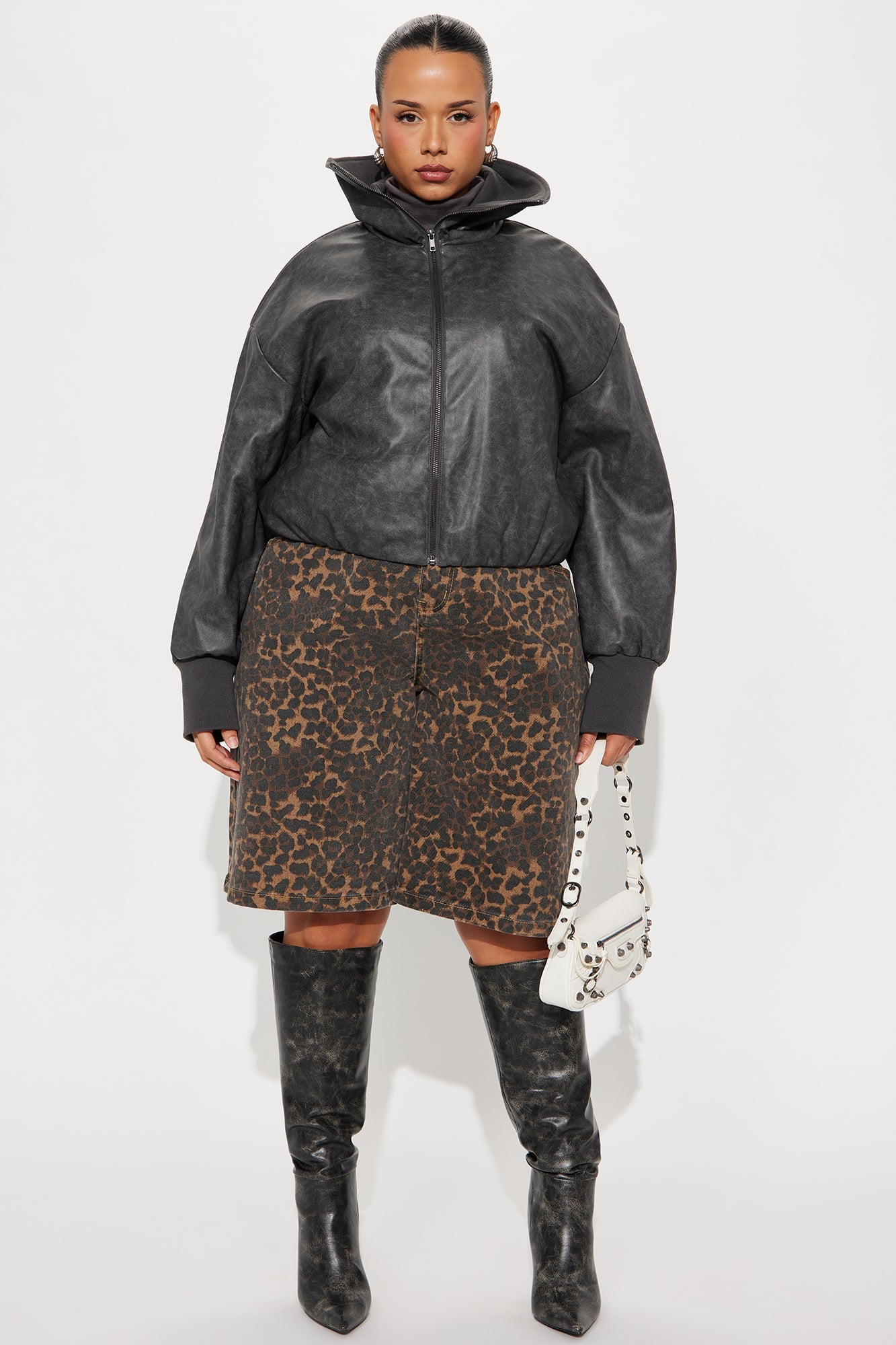 True Desire Washed Faux Leather Bomber Jacket - Charcoal