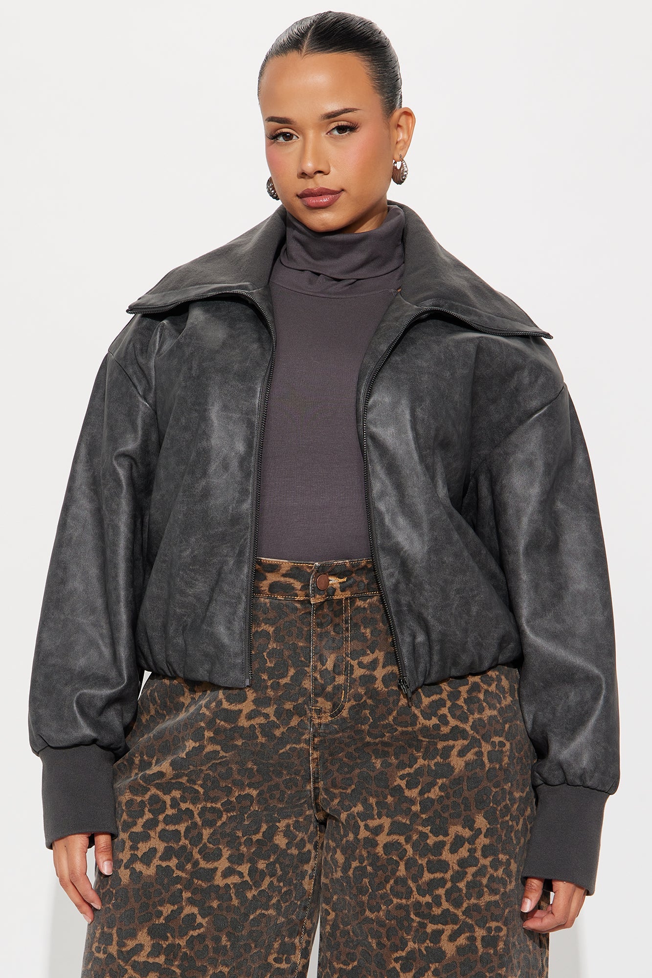 True Desire Washed Faux Leather Bomber Jacket - Charcoal