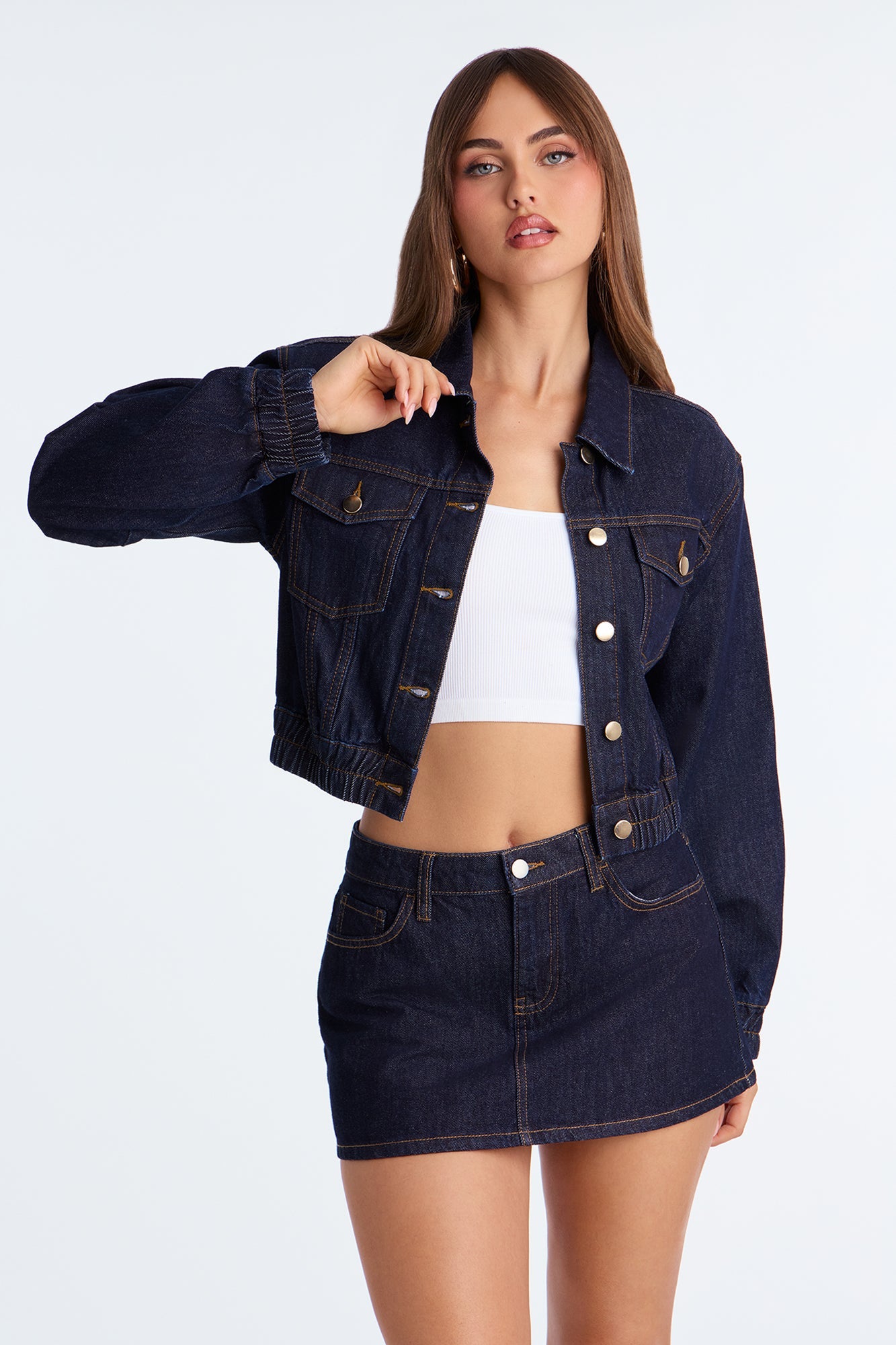 Iconic Cropped Denim Bomber Jacket - Dark Wash