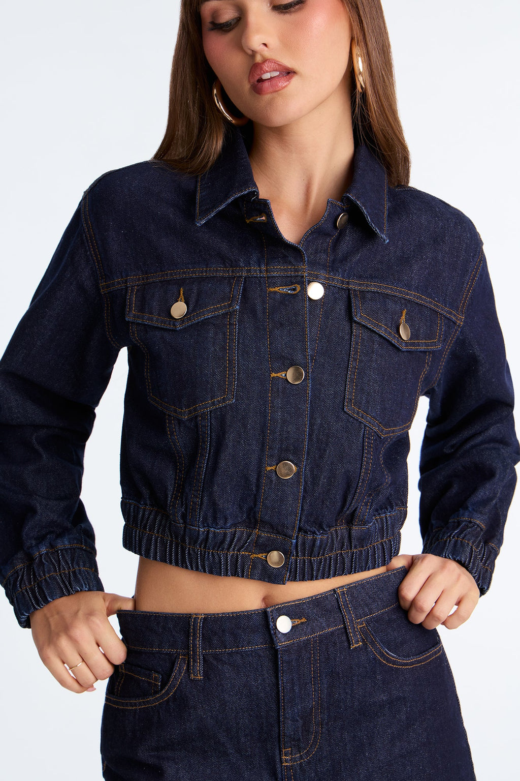 Iconic Cropped Denim Bomber Jacket - Dark Wash