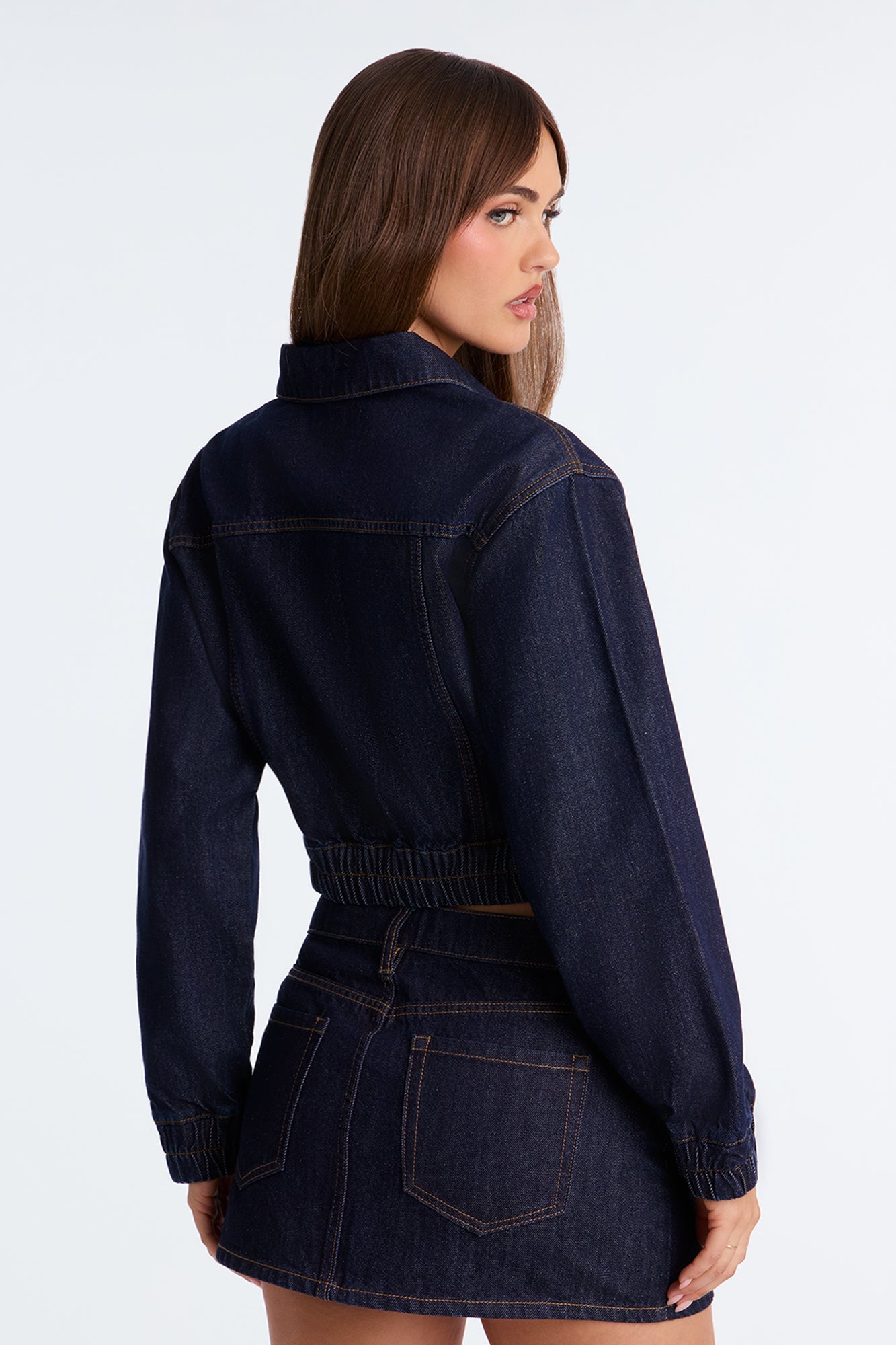 Iconic Cropped Denim Bomber Jacket - Dark Wash