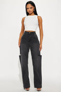 Slashed Thigh Straight Leg Jeans - Black Wash