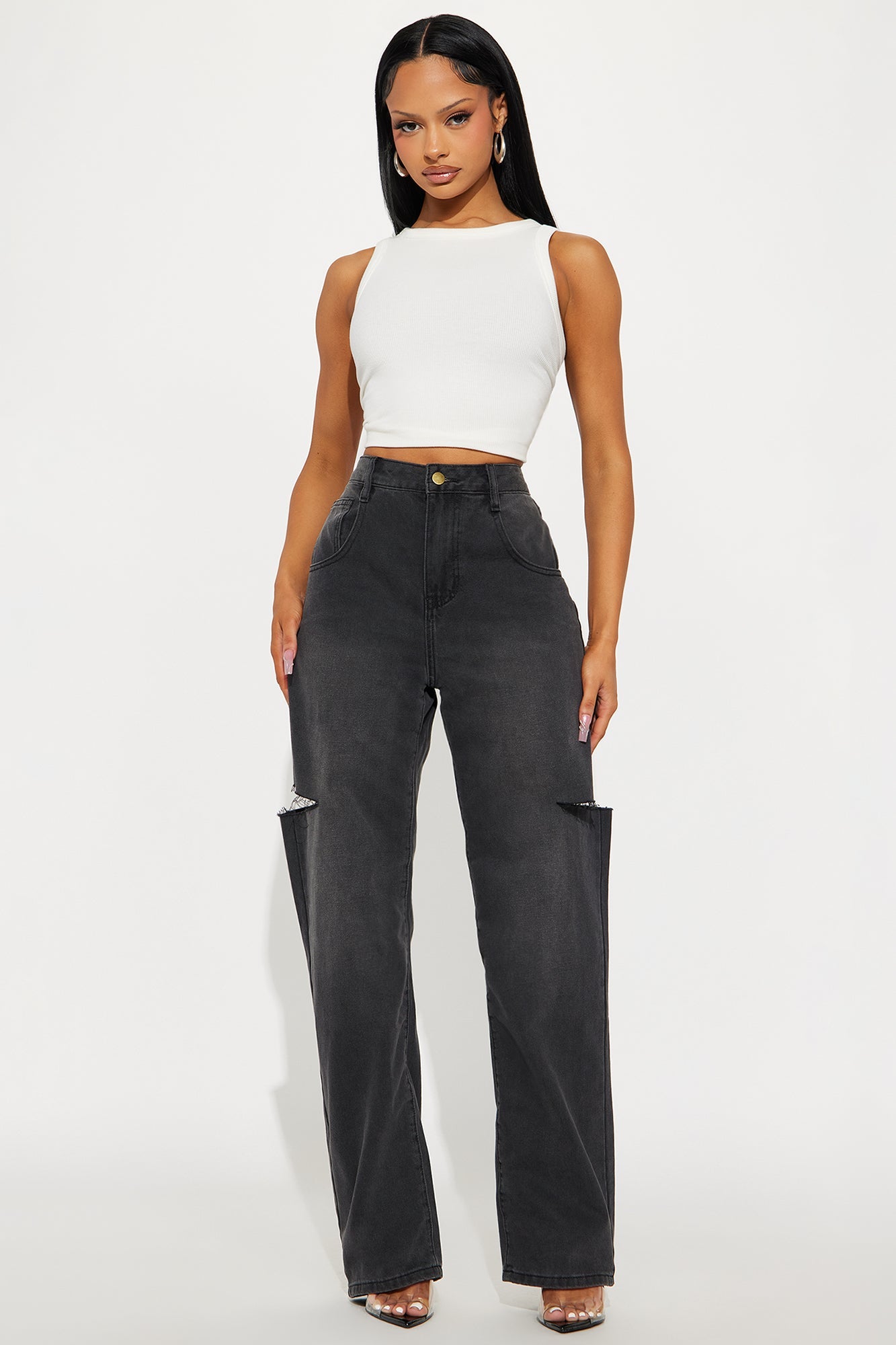 Slashed Thigh Straight Leg Jeans - Black Wash