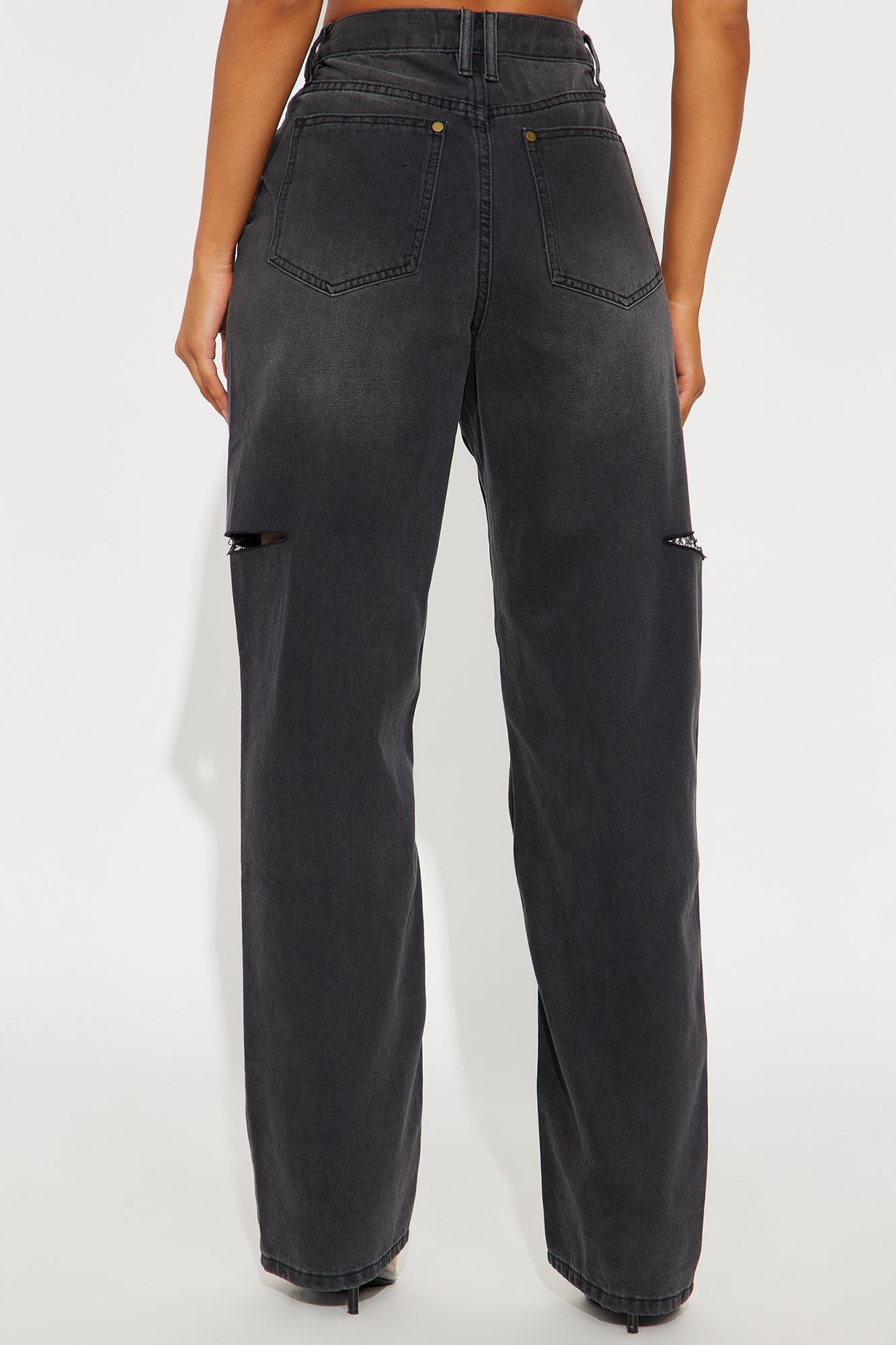 Slashed Thigh Straight Leg Jeans - Black Wash