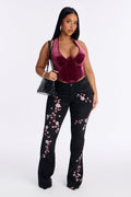 Cherry Blossom Embroidered Flare Jeans - Black