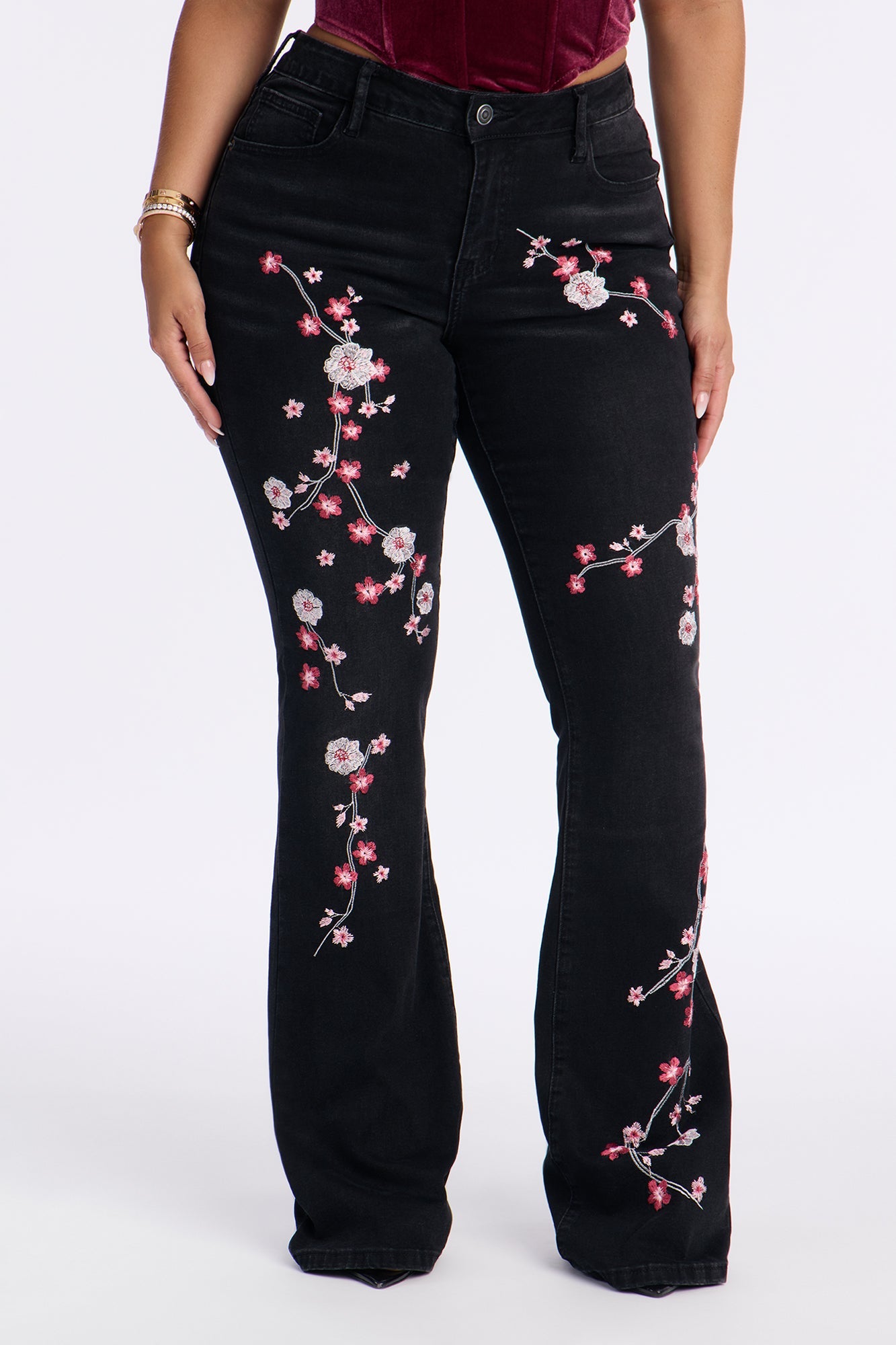 Cherry Blossom Embroidered Flare Jeans - Black