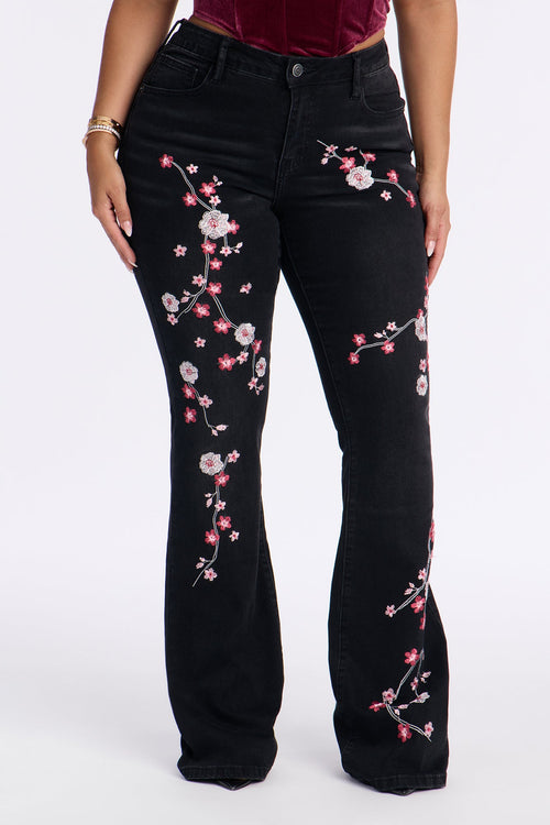 Cherry Blossom Embroidered Flare Jeans - Black