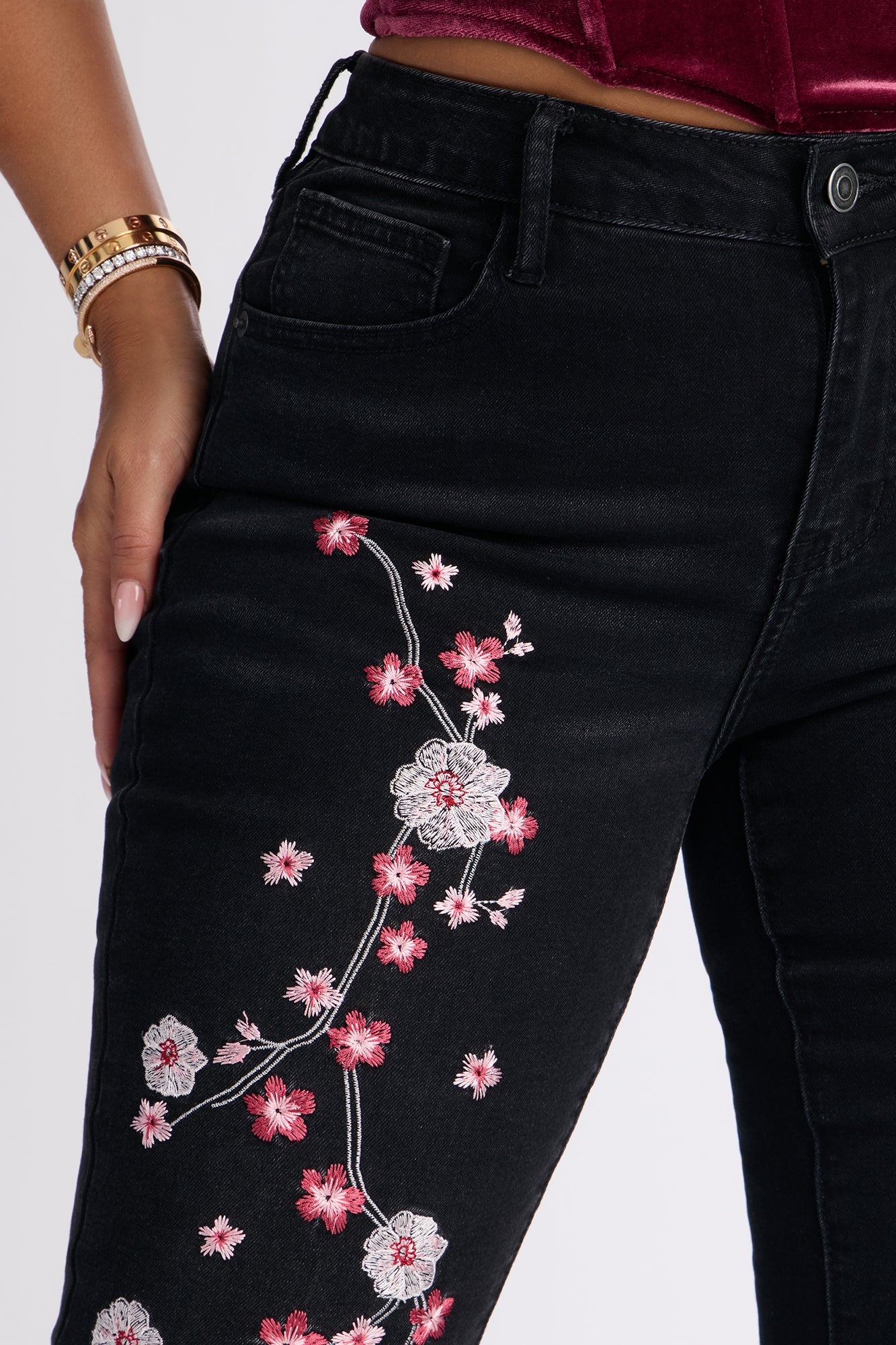 Cherry Blossom Embroidered Flare Jeans - Black
