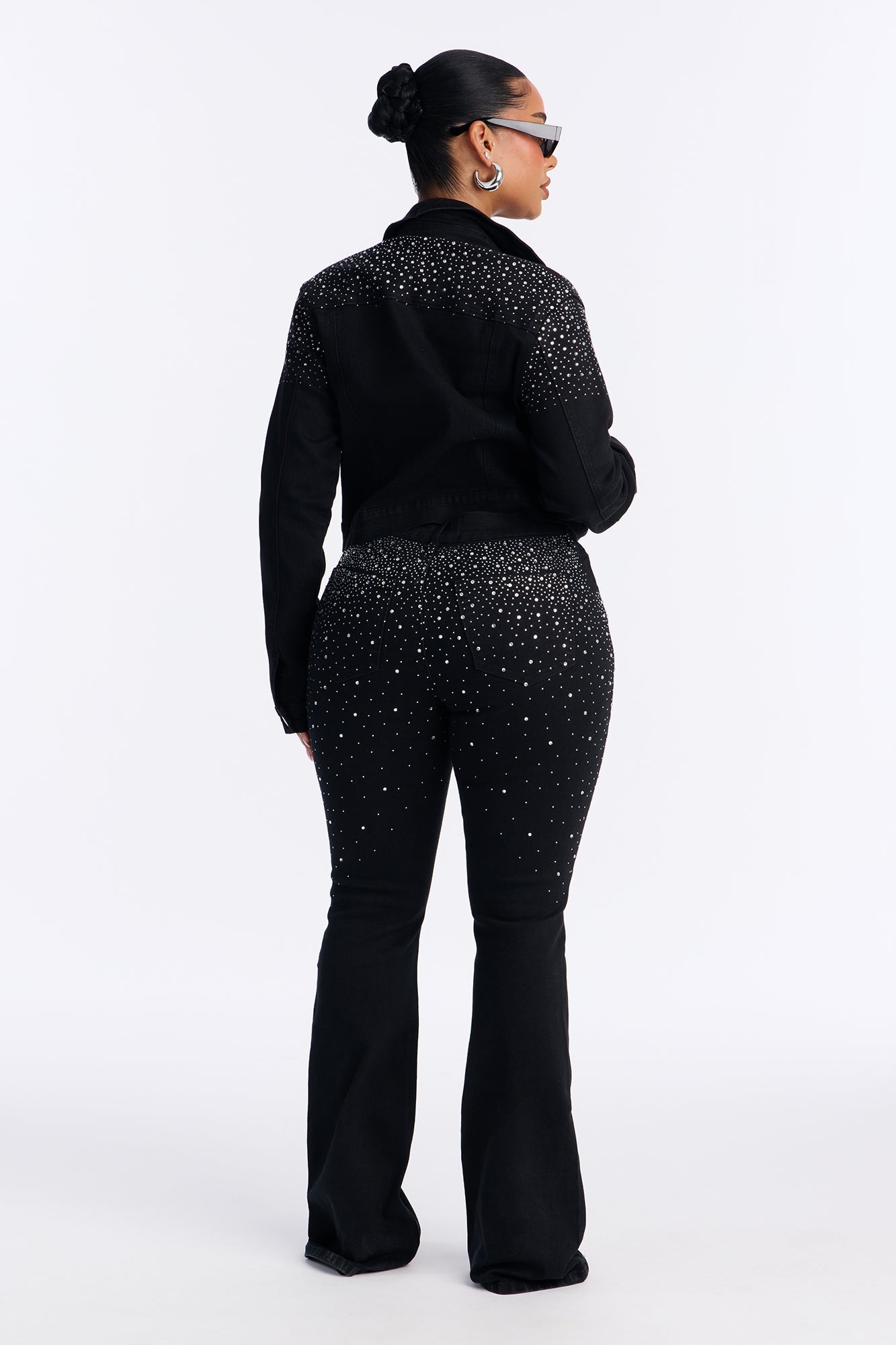 Two-Step Embellished Flare Jeans - Black Wash