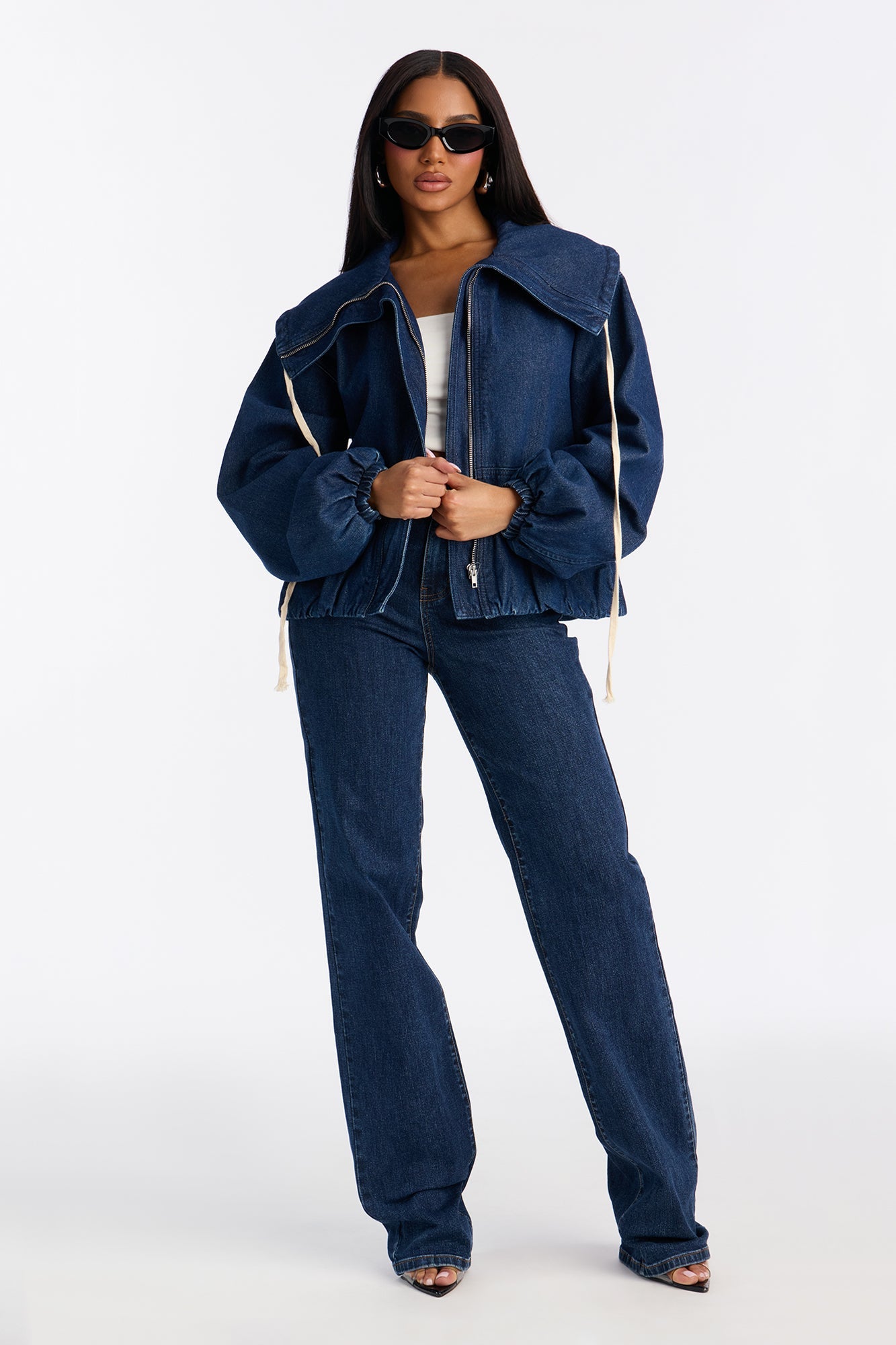 Keep It Stashed High Neck Denim Jacket - Dark Wash