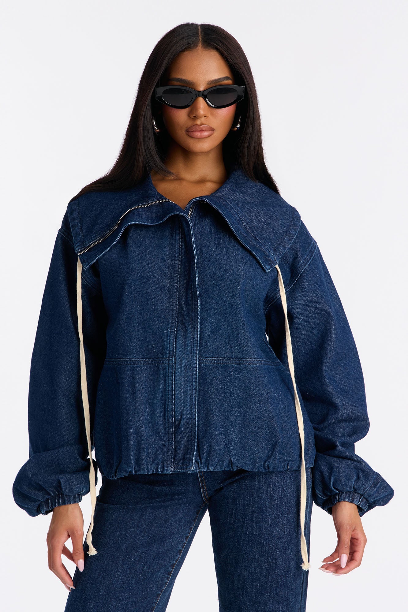 Keep It Stashed High Neck Denim Jacket - Dark Wash