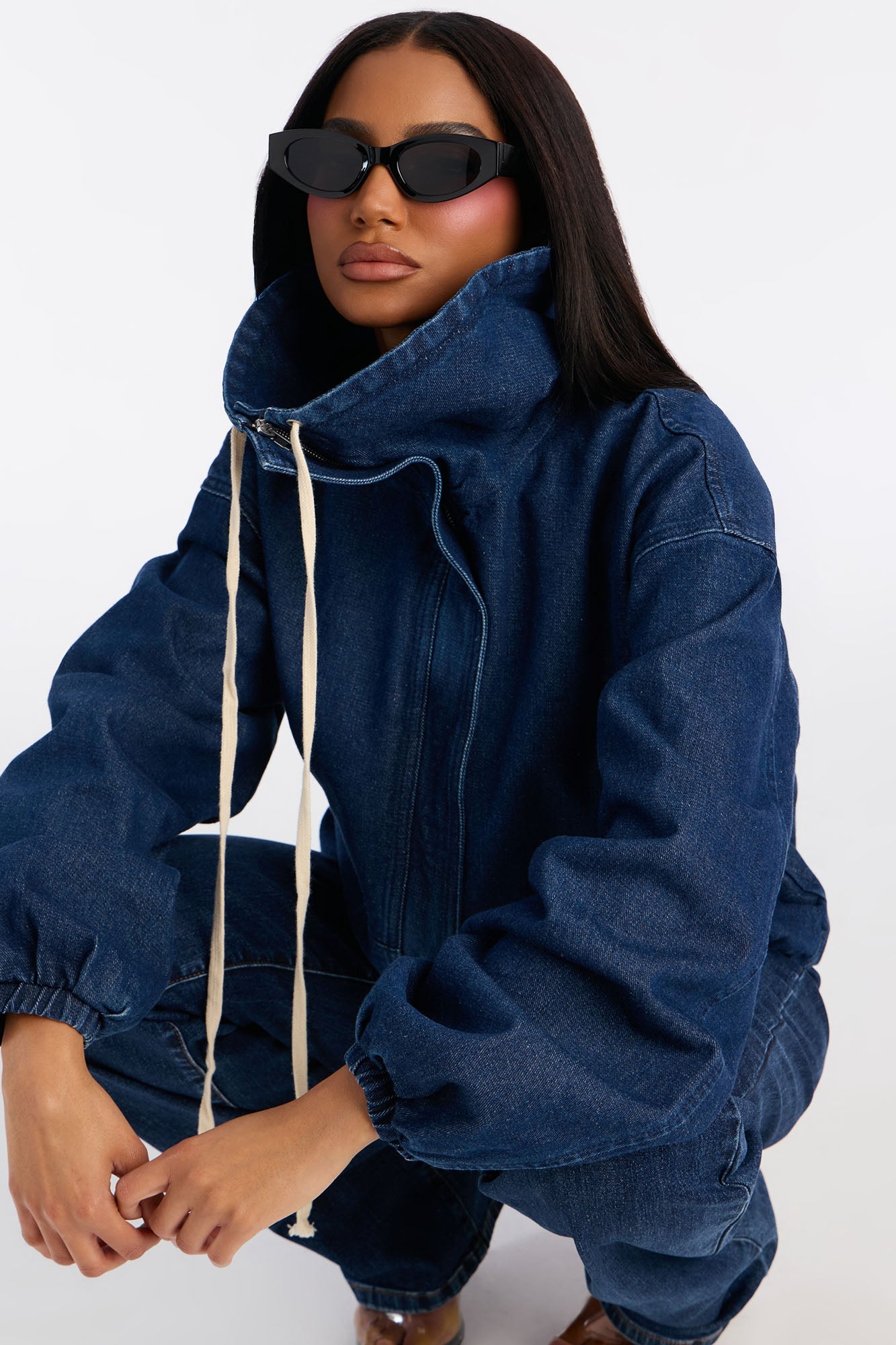 Keep It Stashed High Neck Denim Jacket - Dark Wash