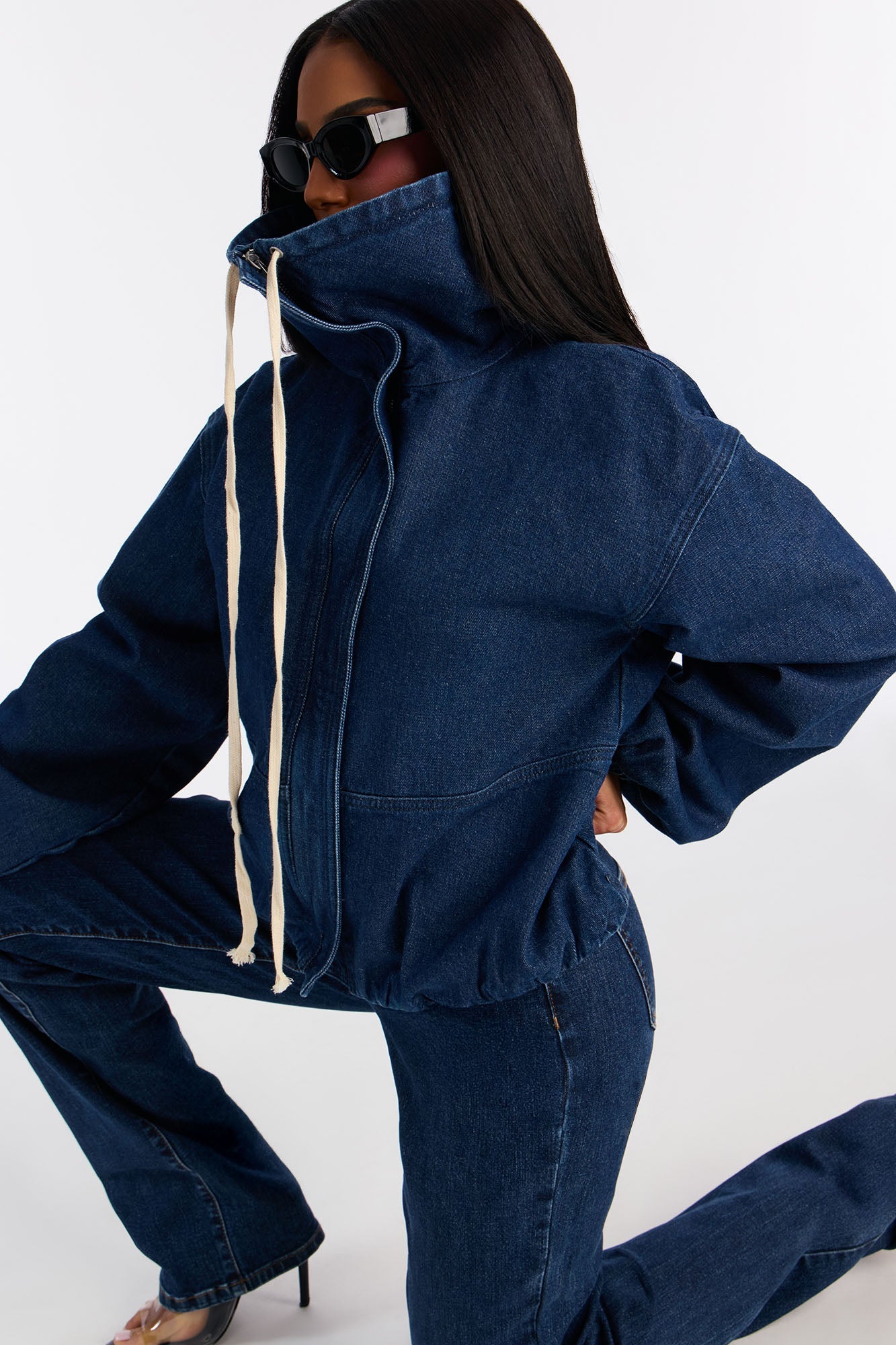 Keep It Stashed High Neck Denim Jacket - Dark Wash