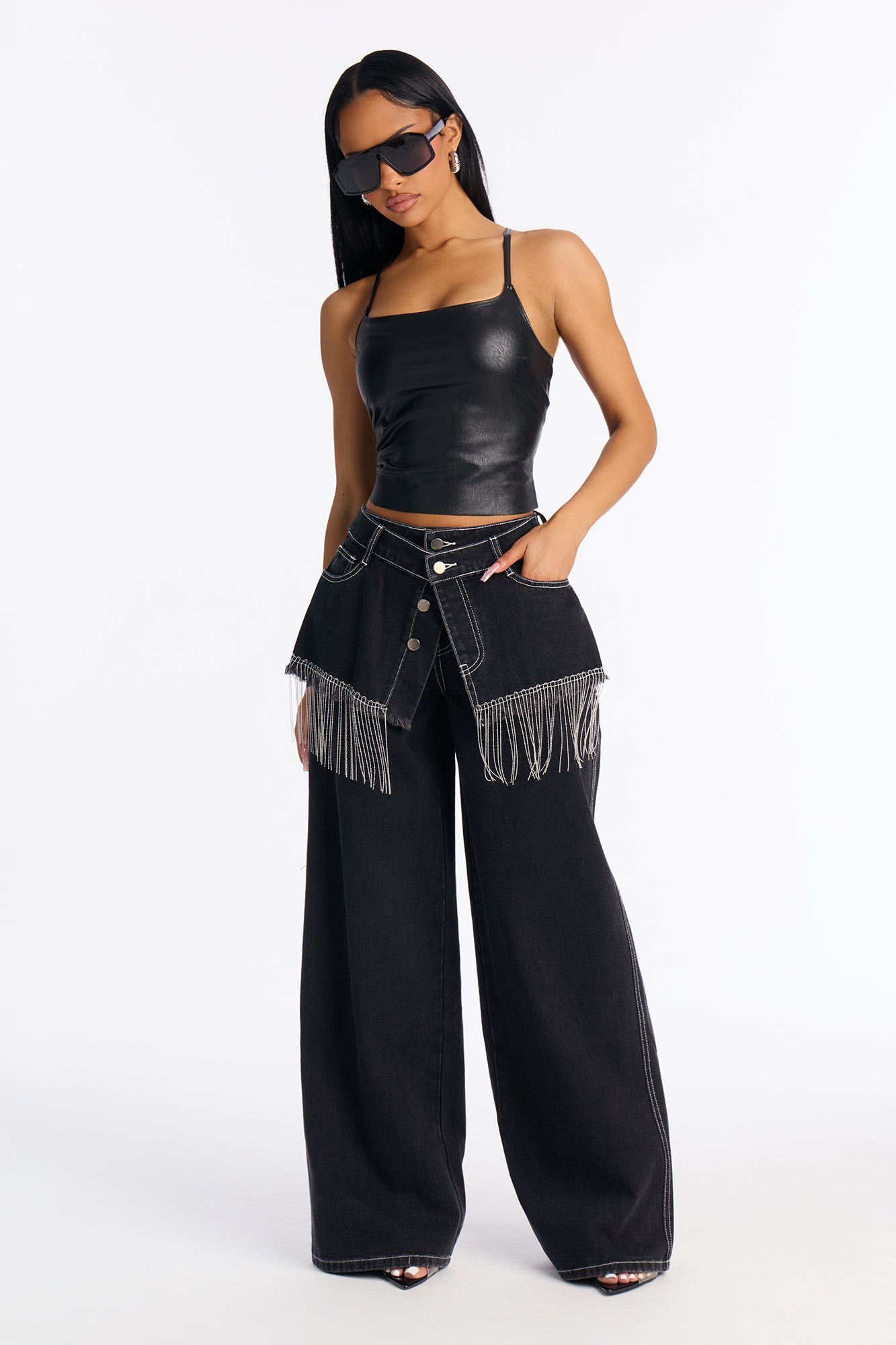 Skirting Around Fringe Wide Leg Jeans - Black