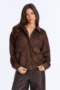 Teagan Faux Suede Bomber Jacket - Cognac