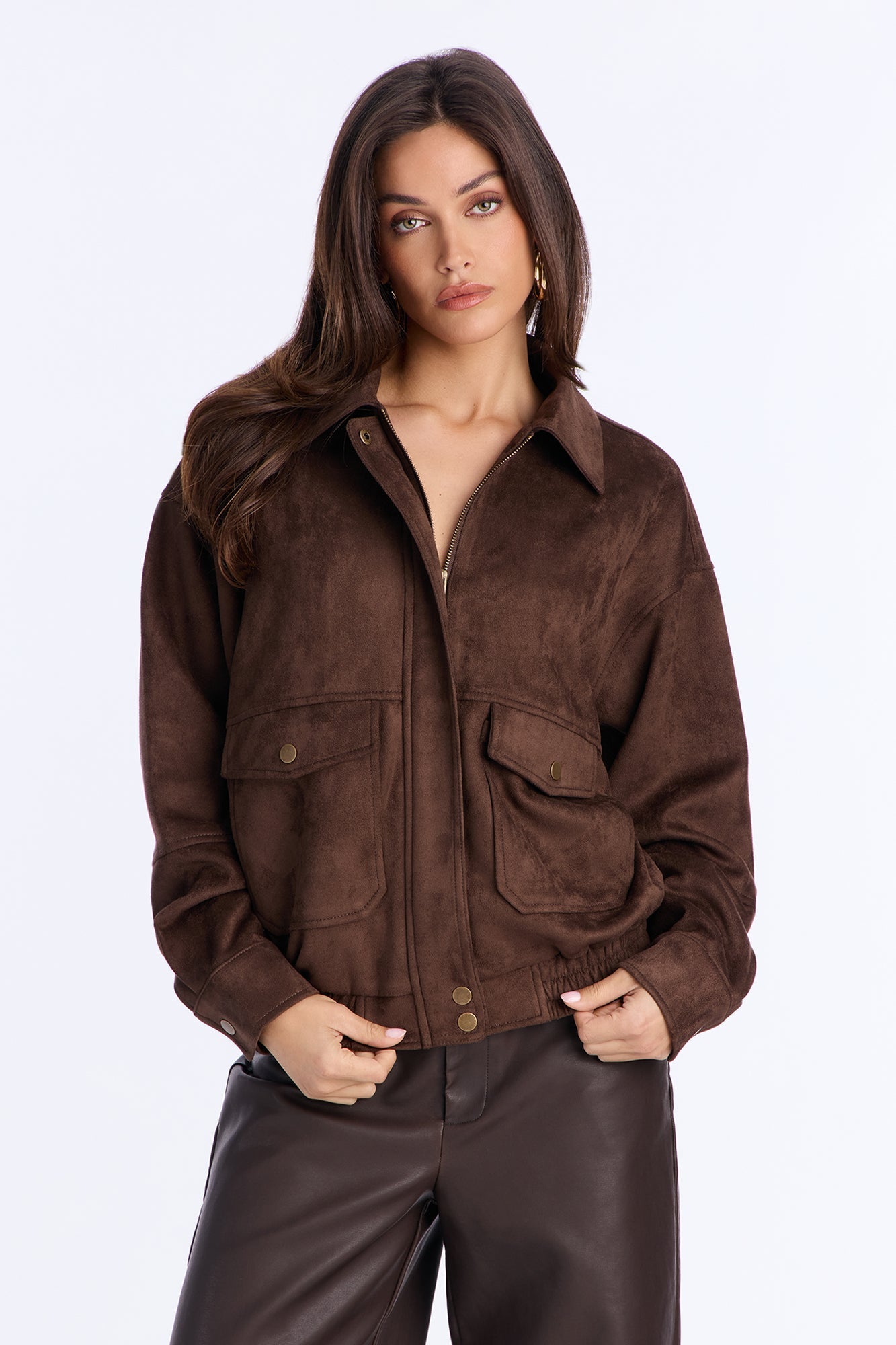 Teagan Faux Suede Bomber Jacket - Cognac