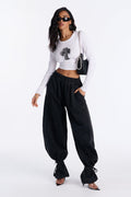 Premium Drapey Pull On Ankle Tie Balloon Jeans - Black Wash