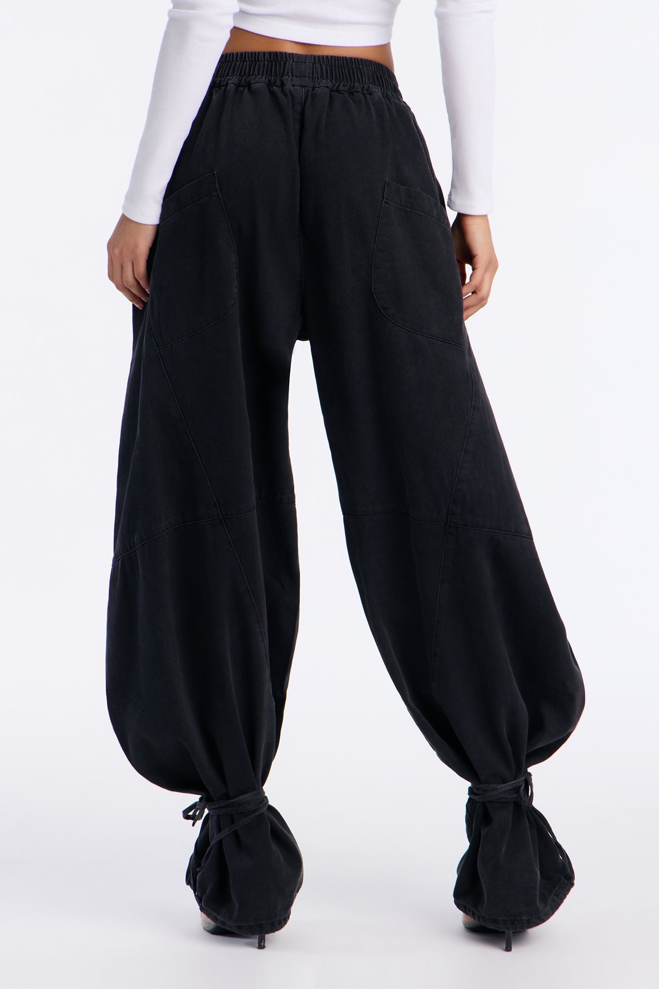 Premium Drapey Pull On Ankle Tie Balloon Jeans - Black Wash