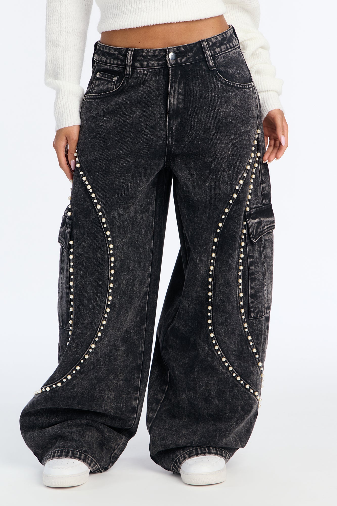Pearls Are On Baggy Cargo Jeans - Black Wash