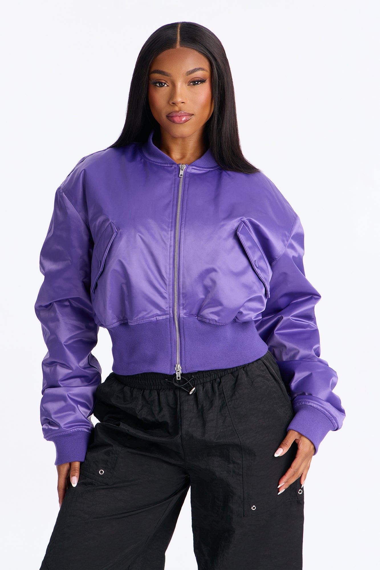 Daily Dose Ruched Bomber Jacket - Purple