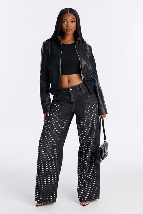 All That Sparkles Embellished Wide Leg Jeans - Black Wash
