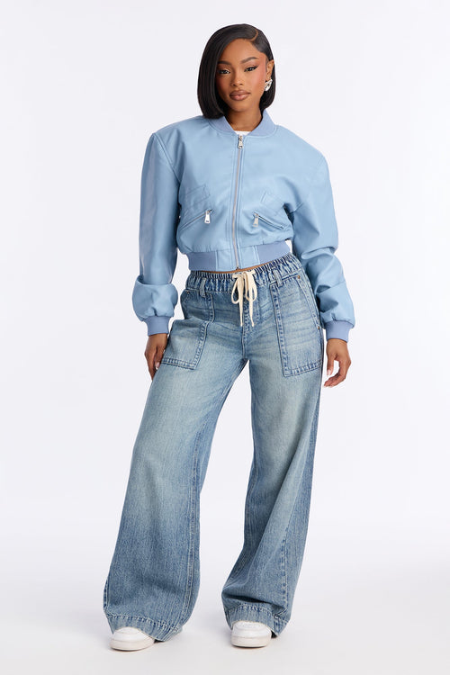 Ashton Faux Leather Shoulder Pad Bomber Jacket - SkyBlue