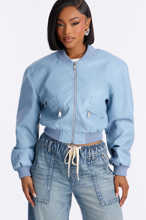 Ashton Faux Leather Shoulder Pad Bomber Jacket - SkyBlue