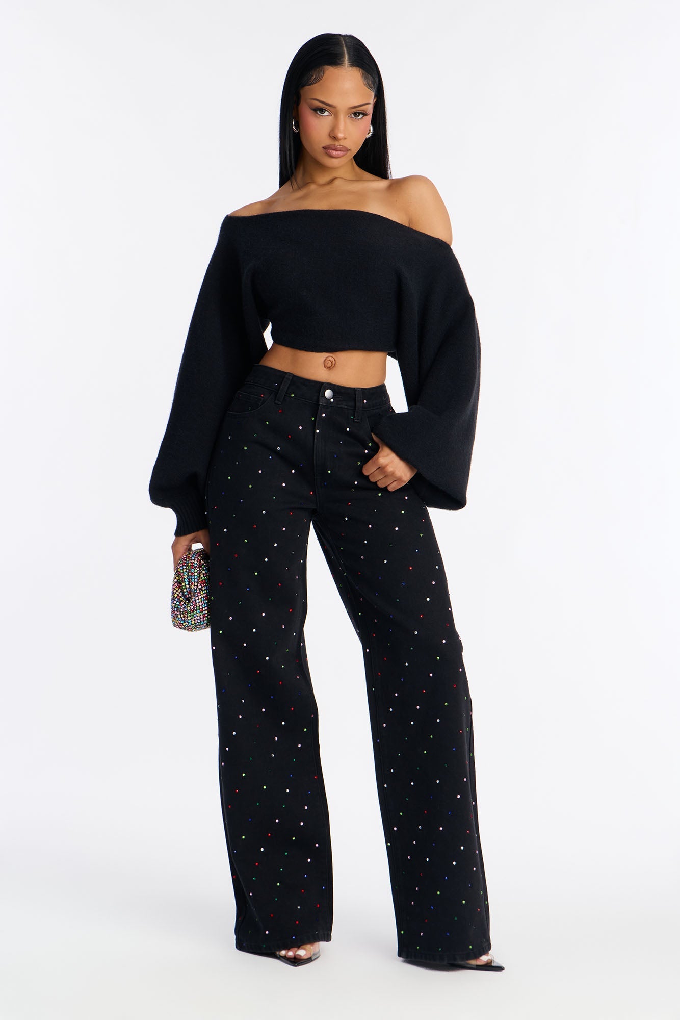 What A Gem Embellished Wide Leg Jeans - Black