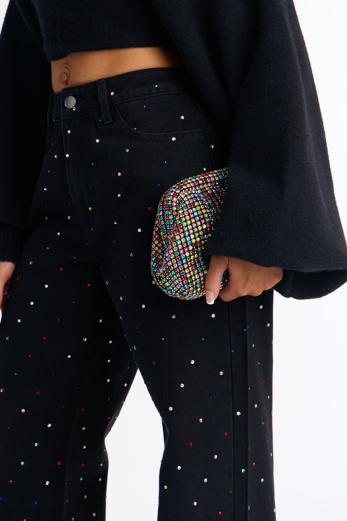 What A Gem Embellished Wide Leg Jeans - Black