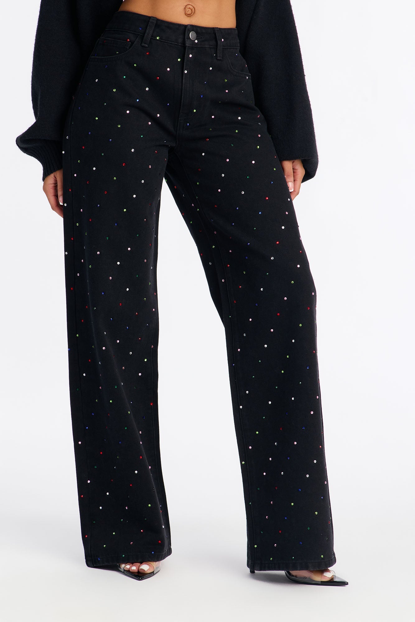 What A Gem Embellished Wide Leg Jeans - Black