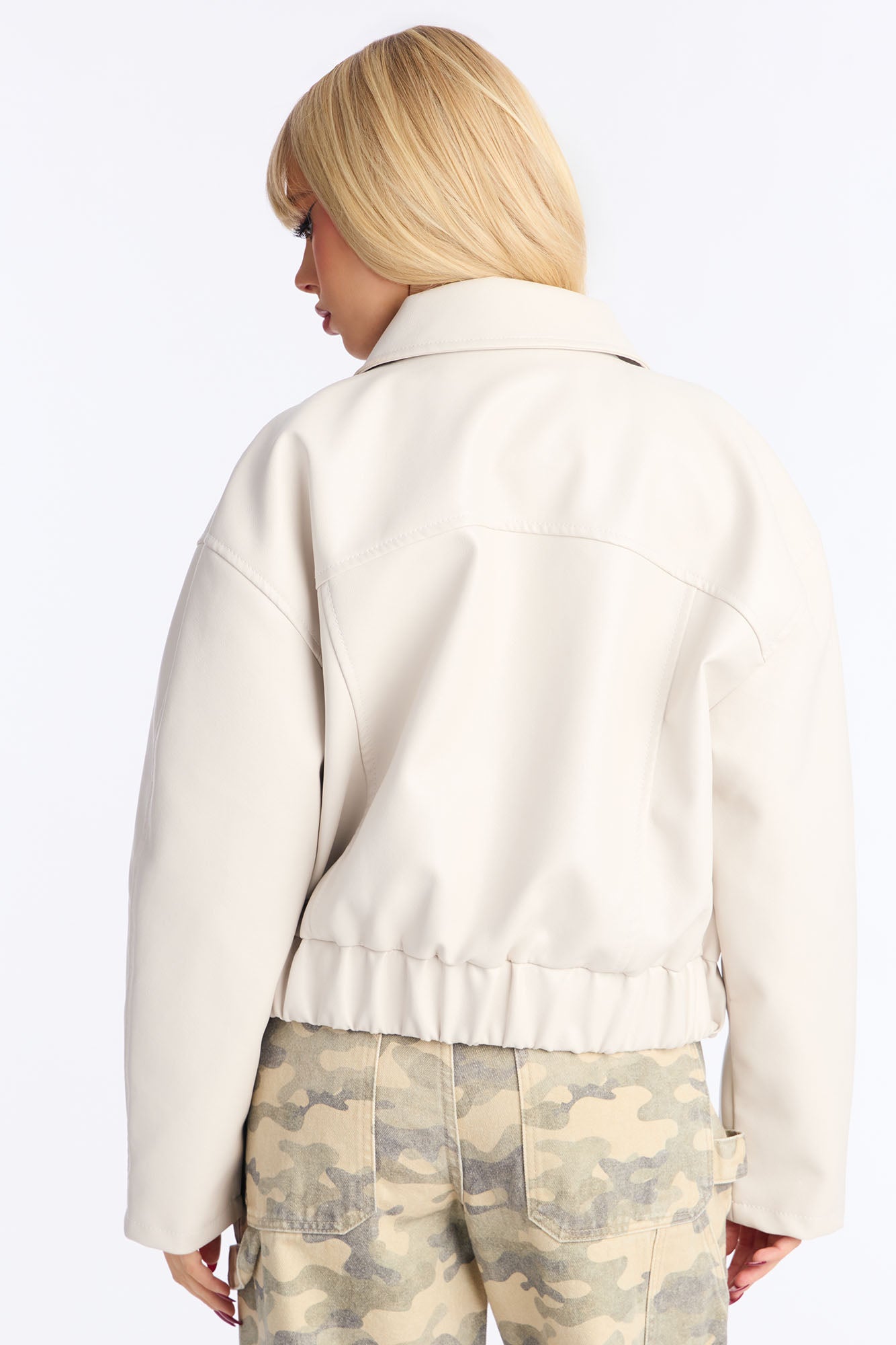 Maya Faux Leather Bomber Jacket - Bone