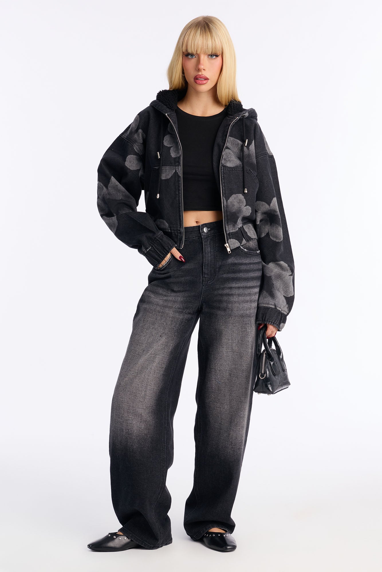Born To Bloom Hooded Denim Jacket - Black Wash